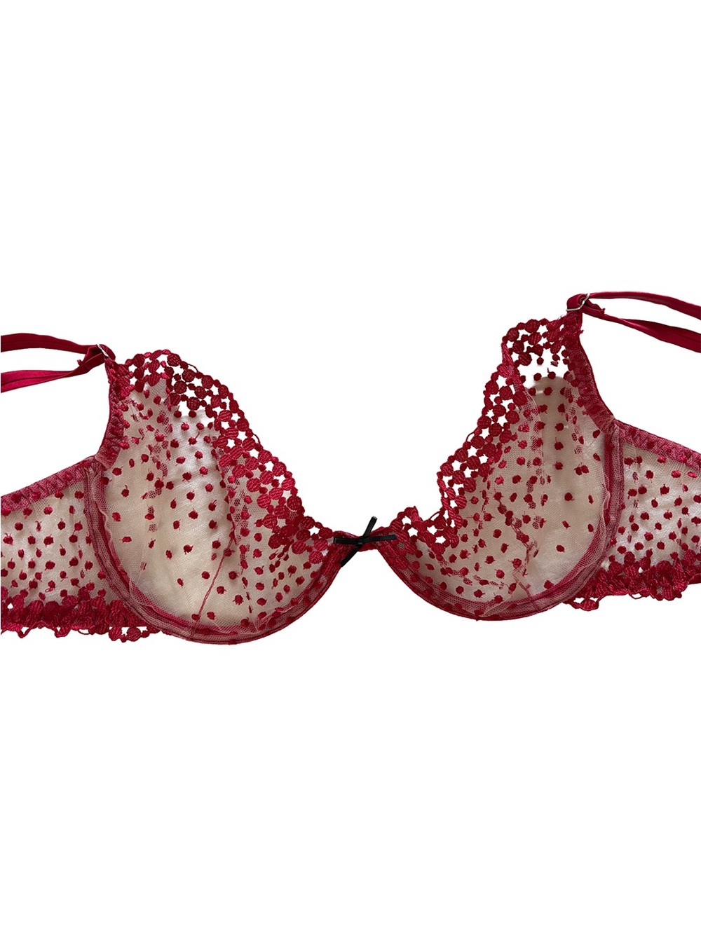 Fleur du Mal Dotty Demi Bra Pop Cherry Red Sheer Mesh 36D